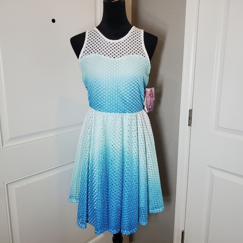 NWT Love Fire Clothing Blue White Ombre Eyelet Fully Lined Sleeveless Dress